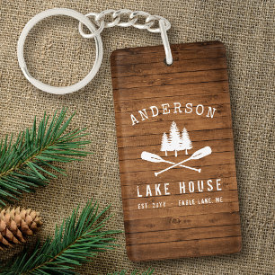 Rustic Lake House Boat Oars Trees Wood 2 Sided Keychain
