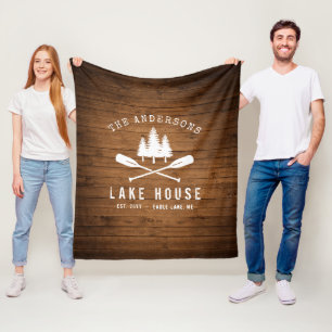 Rustic Lake House Boat Oars Trees Wood Plank Print Fleece Blanket