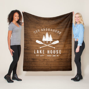 Rustic Lake House Boat Oars Trees Wood Plank Print Fleece Blanket
