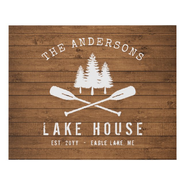Rustic Lake House Boat Oars Trees Wood Plank Style Faux Canvas Print (Front)