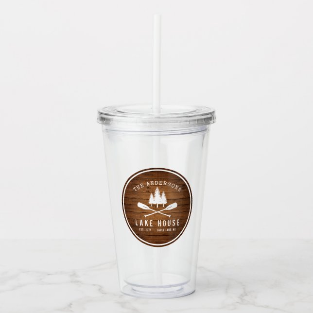 Rustic Lake House Boat Oars Trees Wood Print Acrylic Tumbler (Front)
