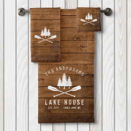 Rustic Lake House Boat Oars Trees Wood Print Bath Towel Set