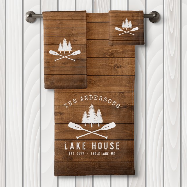 Rustic Lake House Boat Oars Trees Wood Print Bath Towel Set (Creator Uploaded)