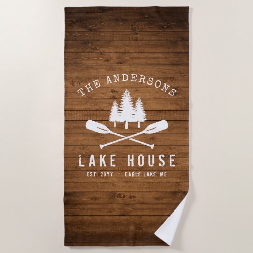 Rustic Lake House Boat Oars Trees Wood Print Beach Towel