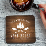 Rustic Lake House Boat Oars Trees Wood Print Beverage Coaster<br><div class="desc">Beautiful, rustic themed cork back coasters, featuring your family name and "Lake House" or other desired text along with its established date and location. This custom, unique design features a white silhouette of crossed boat oars and pine trees on a print of rich colored wood planks. To see more designs...</div>
