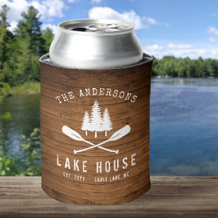 Rustic Lake House Boat Oars Trees Wood Print Can Cooler