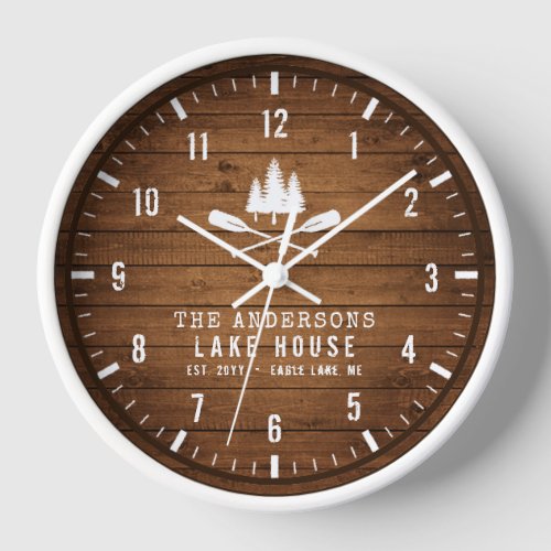 Rustic Lake House Boat Oars Trees Wood Print Clock