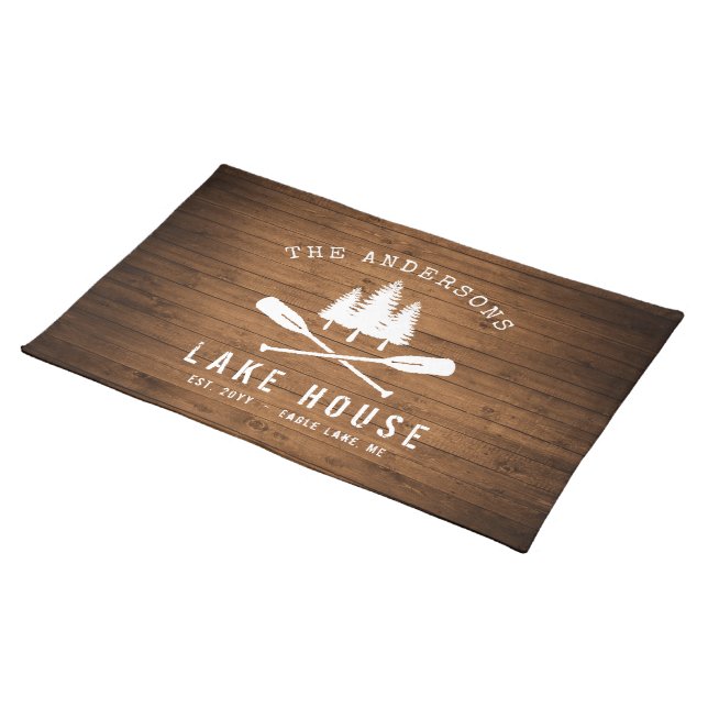 Rustic Lake House Boat Oars Trees Wood Print Cloth Placemat (On Table)