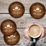 Rustic Lake House Boat Oars Trees Wood Print Coaster Set<br><div class="desc">Personalize your family lake house with a beautiful, rustic themed 4 piece acrylic coaster set, featuring your family name and "Lake House" or other desired text along with its established date and location. This custom, unique design features a white silhouette of crossed boat oars and pine trees on a print...</div>
