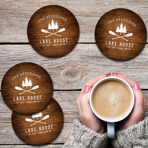 Rustic Lake House Boat Oars Trees Wood Print Coaster Set