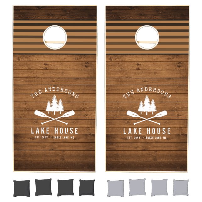 Rustic Lake House Boat Oars Trees Wood Print Cornhole Set (Set)
