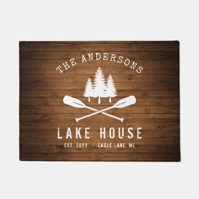 Rustic Lake House Boat Oars Trees Wood Print Doormat (Front)