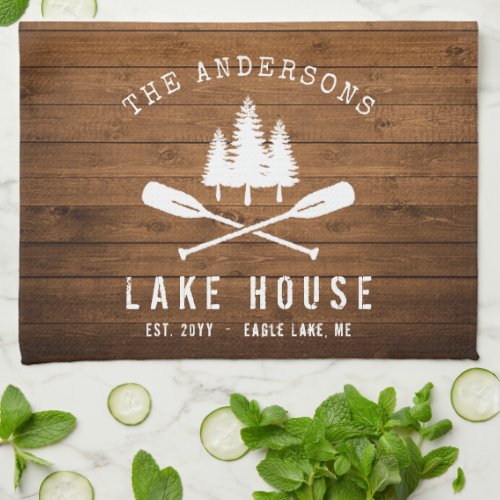 Rustic Lake House Boat Oars Trees Wood Print Kitchen Towel