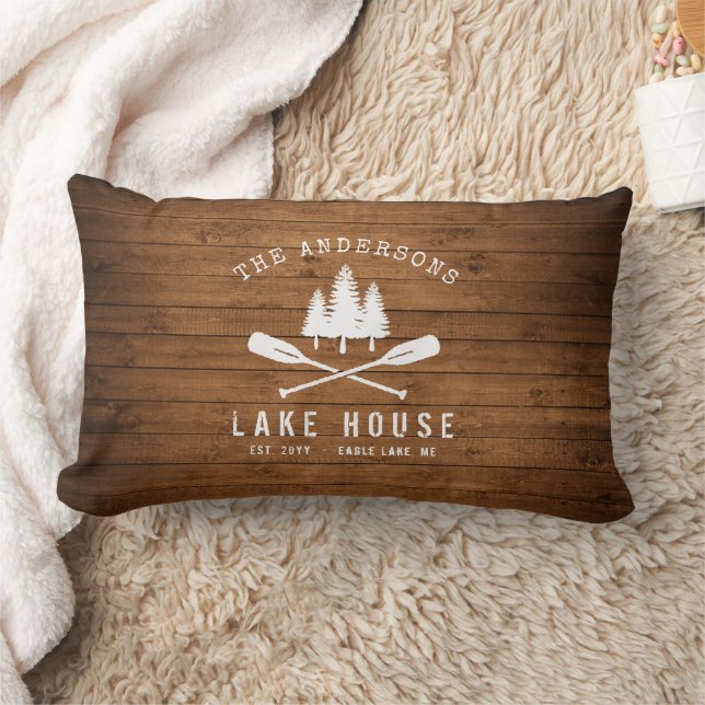 Rustic Lake House Boat Oars Trees Wood Print Lumbar Pillow (Blanket)