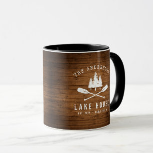 Rustic Lake House Boat Oars Trees Wood Print Mug