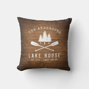 Rustic Lake House Boat Oars Trees Wood Print Outdoor Pillow