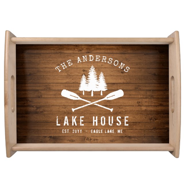 Rustic Lake House Boat Oars Trees Wood Print Serving Tray (Front)