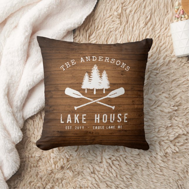 Rustic Lake House Boat Oars Trees Wood Print Throw Pillow (Blanket)