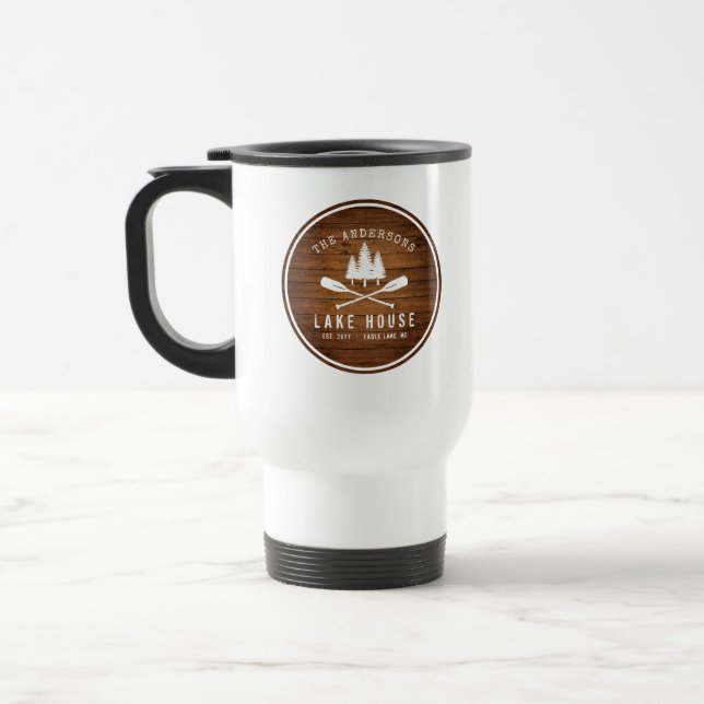 Rustic Lake House Boat Oars Trees Wood Print Travel Mug (Left)