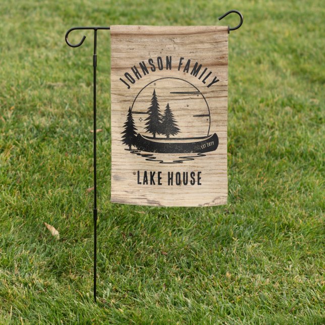 Rustic Lake House Custom Family Name  Garden Flag (In SItu)