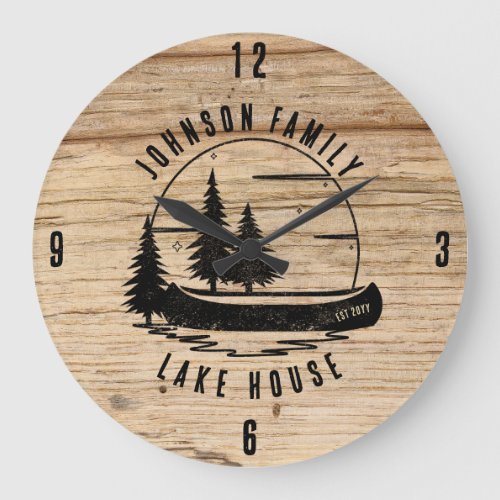 Rustic Lake House Custom Family Name  Large Clock
