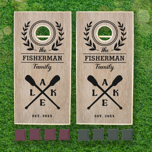 Rustic Lake House Custom Family Name Taupe Wood Cornhole Set