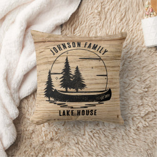 Rustic Lake House Custom Family Name  Throw Pillow