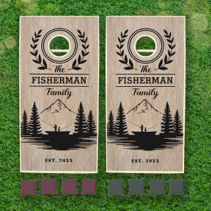 Rustic Lake House Family Monogram Taupe Wood Cornhole Set