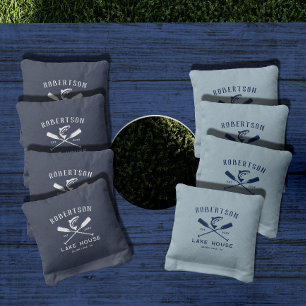 Rustic Lake House Family Name Blue Cornhole Bags