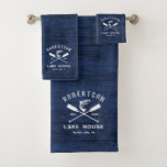 Rustic Lake House Family Name Blue Wood Bath Towel Set