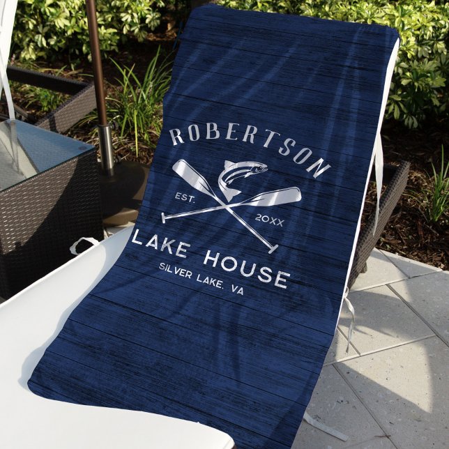 Rustic Lake House Family Name Blue Wood Beach Towel (Creator Uploaded)