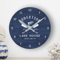 Rustic Lake House Family Name Blue Wood Clock