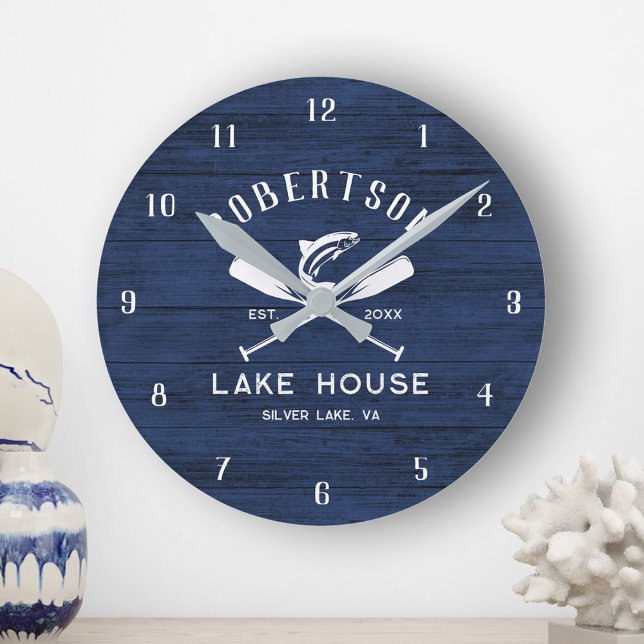 Rustic Lake House Family Name Blue Wood Clock (Creator Uploaded)