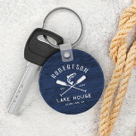 Rustic Lake House Family Name Blue Wood Keychain<br><div class="desc">This personalized rustic family lake house keychain features crossed oars and a jumping fish on a rustic navy blue wood background,  with family name,  lake house location and established date in easy to use text templates.</div>