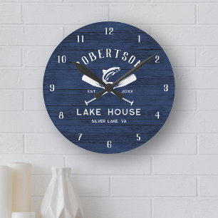 Rustic Lake House Family Name Blue Wood Round Clock