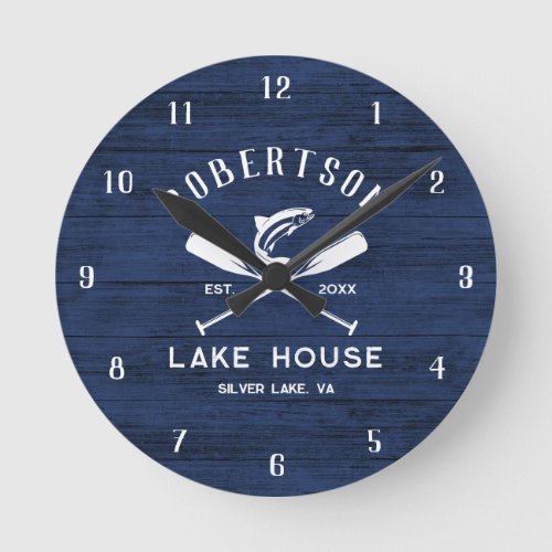 Rustic Lake House Family Name Blue Wood Round Clock
