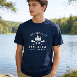 Rustic Lake House Family Name Boat Oars Trees T-Shirt<br><div class="desc">Men's t-shirt with your family name and "Lake House" or other desired text along with its established date and location. This custom, unique design features a white silhouette of crossed boat oars and pine trees. To see more designs like this, feel free to visit my store here at "Zazzle.com/Rustic_Charm". Thanks....</div>