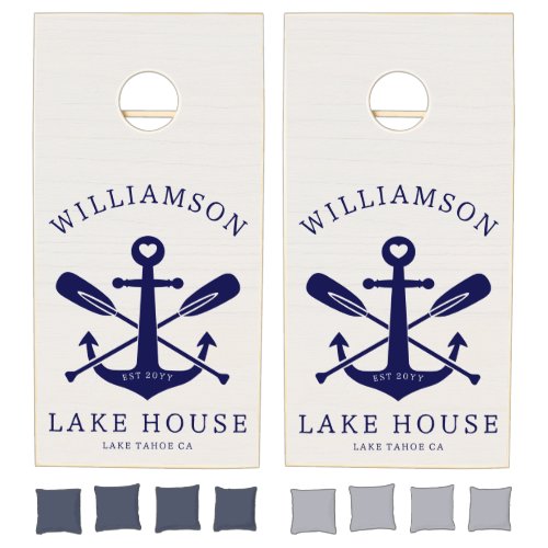 Rustic Lake House Family Name Nautical  Navy Blue Cornhole Set