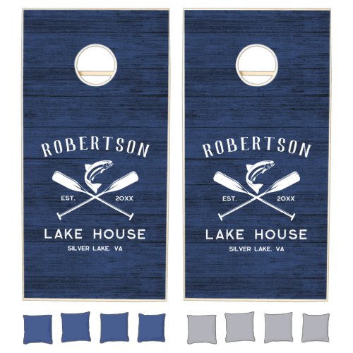 Rustic Lake House Family Name Navy Blue Wood  Cornhole Set