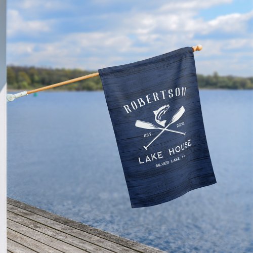 Rustic Lake House Family Name Navy Blue Wood House Flag