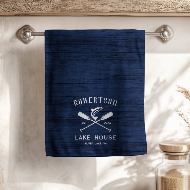 Rustic Lake House Family Name Navy Blue Wood Kitchen Towel (Creator Uploaded)