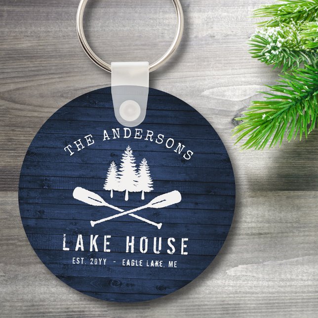 Rustic Lake House Oars Trees Blue Wood Print Round Keychain (Creator Uploaded)