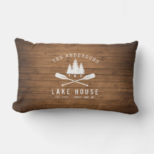 Rustic Lake House Oars Trees Wood Plank Print Lumbar Pillow