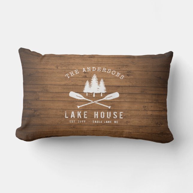 Rustic Lake House Oars Trees Wood Plank Print Lumbar Pillow (Front)