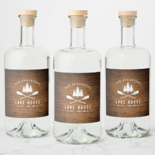 Rustic Lake House Oars Trees Wood Print Liquor Bottle Label