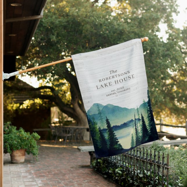 Rustic Lake House Themed Family Name House Flag (In SItu)