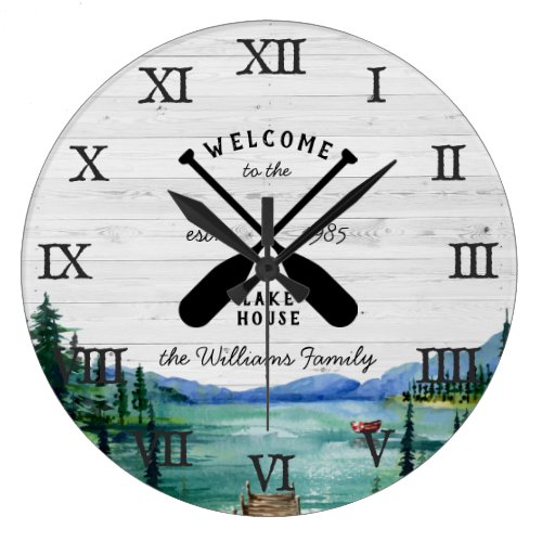 Rustic Lake House Themed | Family Name Large Clock