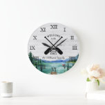 Rustic Lake House Themed | Family Name Large Clock<br><div class="desc">Add a stylish & trendy look to your home or office with our rustic lake house clock. Add your custom wording to this design by using the "Edit this design template" boxes on the right hand side of the item, or click the blue "Customize it" button to arrange the text,...</div>
