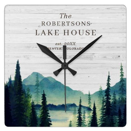 Rustic Lake House Themed | Family Name Square Wall Clock