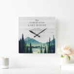 Rustic Lake House Themed | Family Name Square Wall Clock<br><div class="desc">Add a stylish & trendy look to your home or office with our rustic mountain clock. Add your custom wording to this design by using the "Edit this design template" boxes on the right hand side of the item, or click the blue "Customize it" button to arrange the text, change...</div>